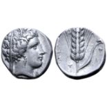 "Lucania, Metapontion AR Stater. Circa 340-330 BC. Wreathed head of Demeter right; Φ below chin /