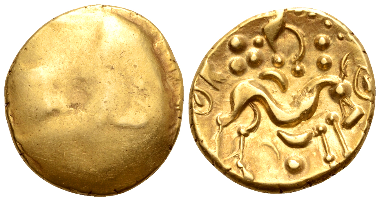 "North-east Gaul, Ambiani AV Stater. Gallic War issue, circa 58-55 BC. Plain bulge / Disjointed