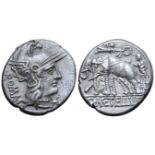 "C. Caecilius Metellus AR Denarius. Rome, 125 BC. Head of Roma right, wearing helmet surmounted by
