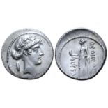 "Q. Pomponius Musa AR Denarius. Rome, 66 BC. Laureate head of Apollo right, scroll behind / Clio,