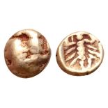 "Ionia, Mylasa(?) EL 1/48 Stater. Circa 600-550 BC. Lion's paw / Scorpion within incuse square.