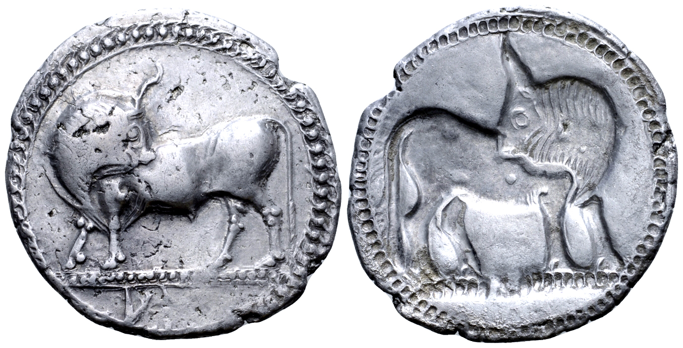 "Lucania, Sybaris AR Stater. Circa 530-510 BC. Bull standing left, head right; VM in exergue /