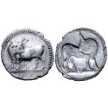 "Lucania, Sybaris AR Stater. Circa 530-510 BC. Bull standing left, head right; VM in exergue /