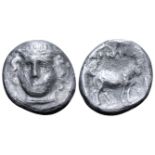 "Thrace, Ainos AR Tetrobol. Circa 412-365 BC. Head of Hermes facing slightly left, wearing petasos /