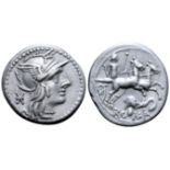 "L. Caecilius Metellus Diadematus AR Denarius. Rome, 128 BC. Helmeted head of Roma right; mark of