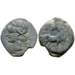 "North Africa, Carthage Æ21. Circa 221-210 BC. Wreathed head of Tanit left / Horse standing right,