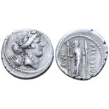 "P. Clodius M. f. Turrinus AR Denarius. Rome, 42 BC. Laureate head of Apollo right; lyre behind /