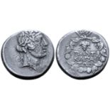 "Cimmerian Bosporos, Pantikapaion AR Didrachm. Circa 90-79 BC. Head of Dionysos right, wearing