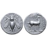 "Ionia, Ephesos AR Drachm. Circa 202-150 BC. Uncertain magistrate. Bee; E-Φ across fields / Stag