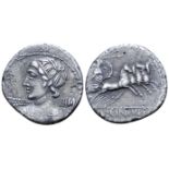 "C. Licinius L. f. Macer AR Denarius. Rome, circa 84 BC. Diademed and draped bust of Apollo