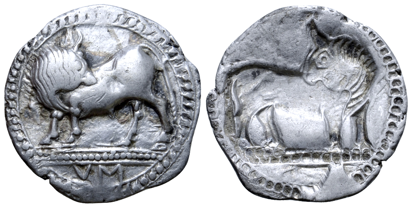 "Lucania, Sybaris AR Drachm. Circa 530-510 BC. Bull standing left, head right; VM in exergue /