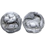 "Lucania, Sybaris AR Drachm. Circa 530-510 BC. Bull standing left, head right; VM in exergue /