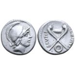 "D. Iunius Brutus Albinus AR Denarius. Rome, 48 BC. Helmeted head of young Mars right, with slight