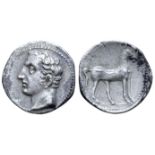 "North Africa, Carthage AR Quarter Shekel. Spanish mint, circa 237-209 BC. Bare male head left;