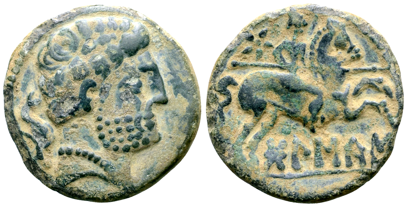 "Spain, Bolskan (Osca) Æ Unit. Circa 150-100 BC. Bearded male head right; dolphin downwards behind /