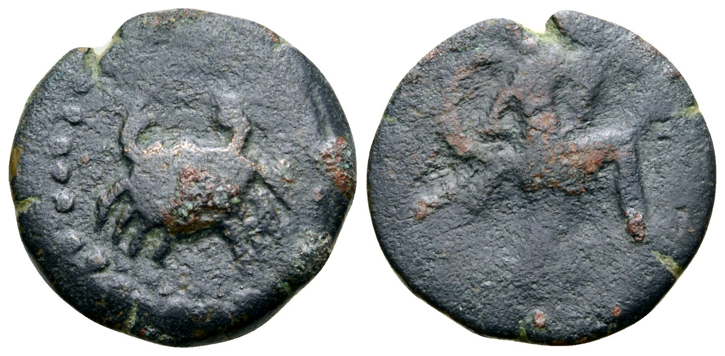 "Islands off Sicily, Lopadusa(?) Æ17. 2nd century BC. Crab; [Punic legend] below / Warrior advancing