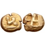 "Mysia, Kyzikos EL Stater. Circa 500-450 BC. Winged sphinx, with 'lock of immortality' on head,