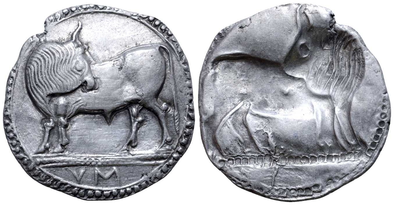 "Lucania, Sybaris AR Stater. Circa 530-510 BC. Bull standing left, head right; VM in exergue /