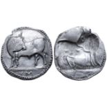 "Lucania, Sybaris AR Stater. Circa 530-510 BC. Bull standing left, head right; VM in exergue /