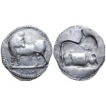 "Lucania, Sybaris AR Stater. Circa 530-510 BC. Bull standing left, head right; VM in exergue /