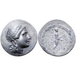 "Aeolis, Myrina AR Tetradrachm. Circa 155-145 BC. Stephanophoric type. Laureate head of Apollo right