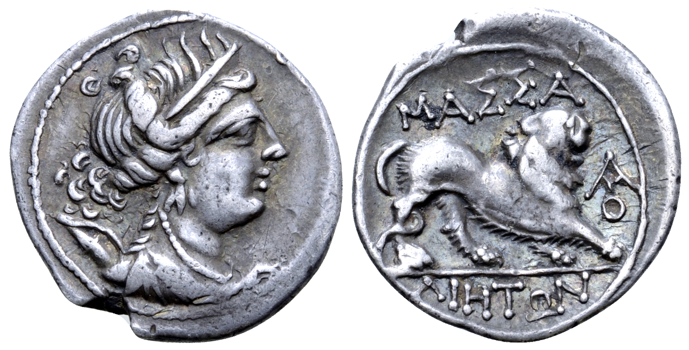 "Gaul, Massalia AR Drachm. Circa 200-150 BC. Draped bust of Artemis to right, bow and quiver over