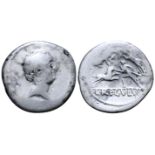 "L. Livineius Regulus AR Denarius. Rome, 42 BC. Bare head of the praetor L. Livineius Regulus