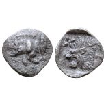 "Mysia, Kyzikos AR Hemiobol. Circa 450-400 BC. Forepart of boar left; tunny upward to right / Head