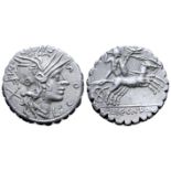 "L. Cosconius, L. Licinius and Cn. Domitius AR Serrate Denarius. Narbo, 118 BC. Helmeted head of