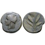 "Sicily, Uncertain Roman mint Æ24. Circa 212-200 BC. Laureate head of Apollo left / Two grain