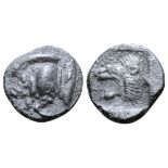 "Mysia, Kyzikos AR Trihemiobol. Circa 450-400 BC. Forepart of boar left; tunny upward to right /