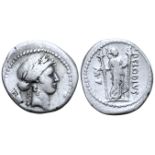 "P. Clodius M.f. Turrinus AR Denarius. Rome, 42 BC. Laureate head of Apollo right; lyre behind /