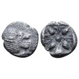 "Ionia, Miletos AR 1/12 Stater. Circa 520-450 BC. Forepart of a roaring lion left, head reverted /