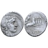 "C. Vibius C. f. Pansa AR Denarius. Rome, 90 BC. Laureate head of Apollo right; control mark below