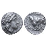 "Ionia, Magnesia ad Maeandrum AR Trihemiobol. Circa 400-350 BC. Laureate head of Apollo right /