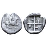 "Akarnania, Leukas AR Obol. Circa 500-480 BC. Pegasos flying right; Λ below / Quadripartite incuse