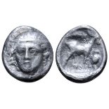 "Thrace, Ainos AR Tetrobol. Circa 412-365 BC. Head of Hermes facing slightly left, wearing petasos /