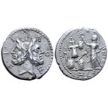 "M. Furius L. f. Philus AR Denarius. Rome, 120 BC. Laureate head of Janus, M•FOVRI•L•F around / Roma