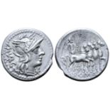 "M. Vargunteius AR Denarius. Rome, 130 BC. Helmeted head of Roma right; XVI monogram below chin, M•