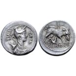 "C. Hosidius C. f. Geta AR Denarius. Rome, 68 BC. Draped bust of Diana right, wearing stephane,