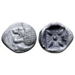 "Ionia, Miletos AR 1/12 Stater. Circa 520-450 BC. Forepart of roaring lion right, head reverted /