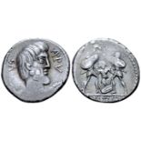 "L. Titurius L. f. Sabinus AR Denarius. Rome, 89 BC. Head of the Sabine king, Tatius, right;