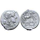 "M. Marcius M. f. AR Denarius. Rome, 134 BC. Helmeted head of Roma right; XVI monogram below chin,