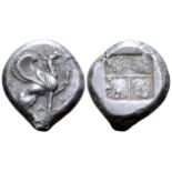 "Ionia, Teos AR Stater. Circa 485-475 BC. Griffin seated to right, with left forepaw raised; A