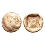 "Ionia, uncertain mint EL 1/48 Stater. Circa 600-550 BC. Head of lion(?) right / Incuse square