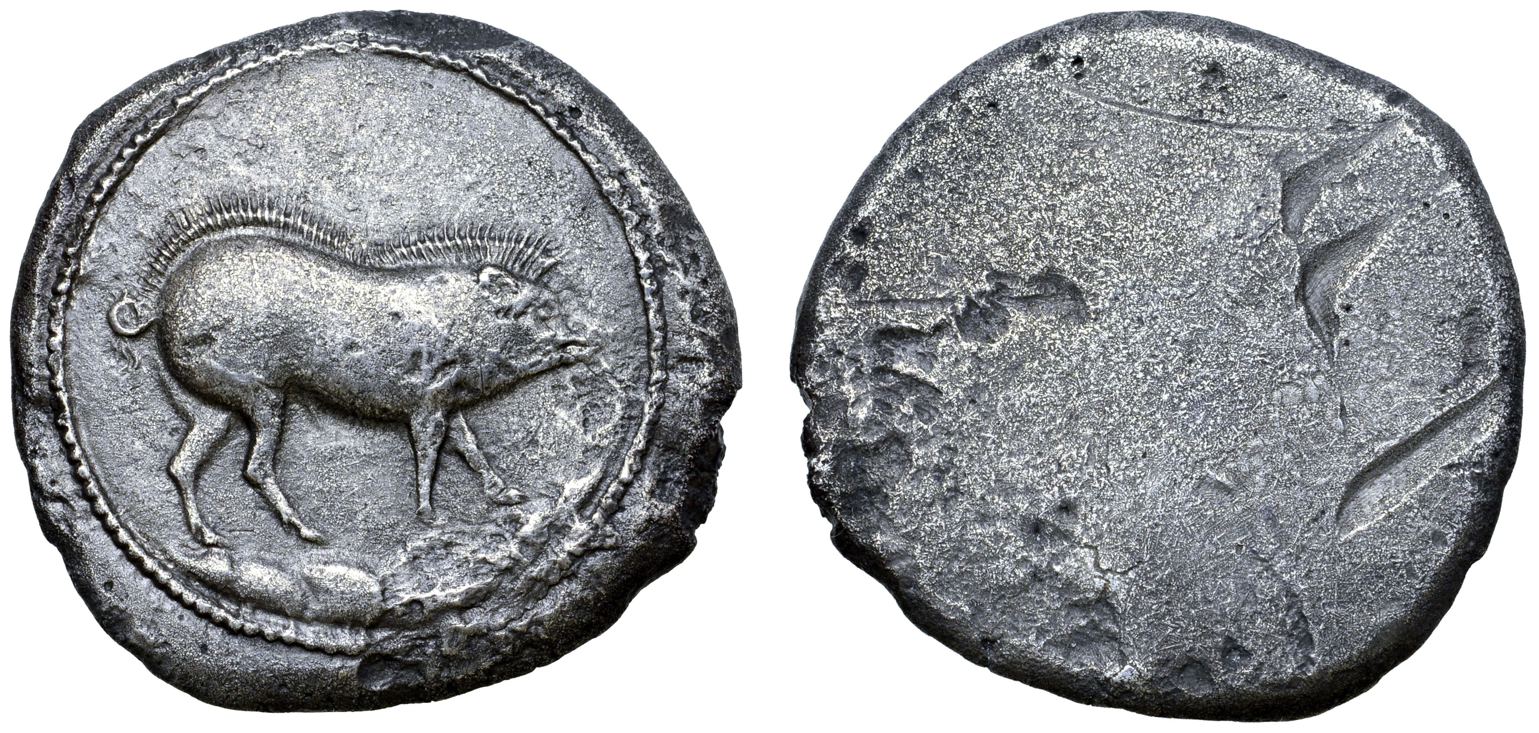 Etruria, Populonia AR Tridrachm. 5th century BC. Boar stepping to right on rocky ground; dotted