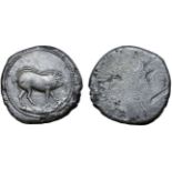 Etruria, Populonia AR Tridrachm. 5th century BC. Boar stepping to right on rocky ground; dotted