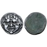 Etruria, Populonia AR 20 Asses. Circa 300-250 BC. Facing head of Metus, hair bound with diadem; X