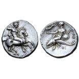 Calabria, Tarentum AR Nomos. Circa 332-302 BC. Herakl..., magistrate. Nude warrior on horseback