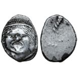 Etruria, Populonia AR 20 Asses. Circa 300-250 BC. Facing head of Metus, hair bound with diadem; X: